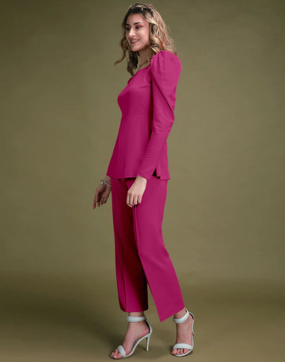 Fuchsia Pink Puff Sleeve Solid Co-Ords Set