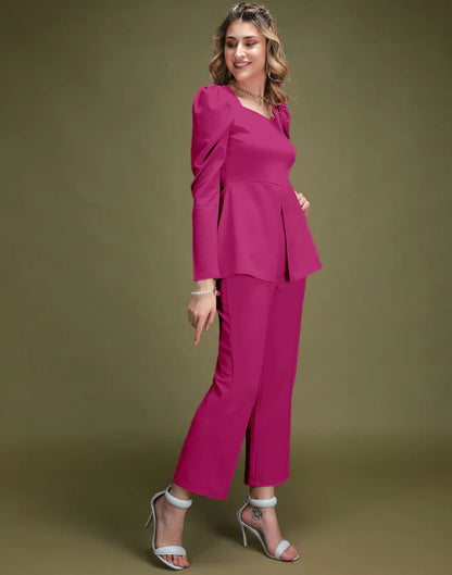 Fuchsia Pink Puff Sleeve Solid Co-Ords Set