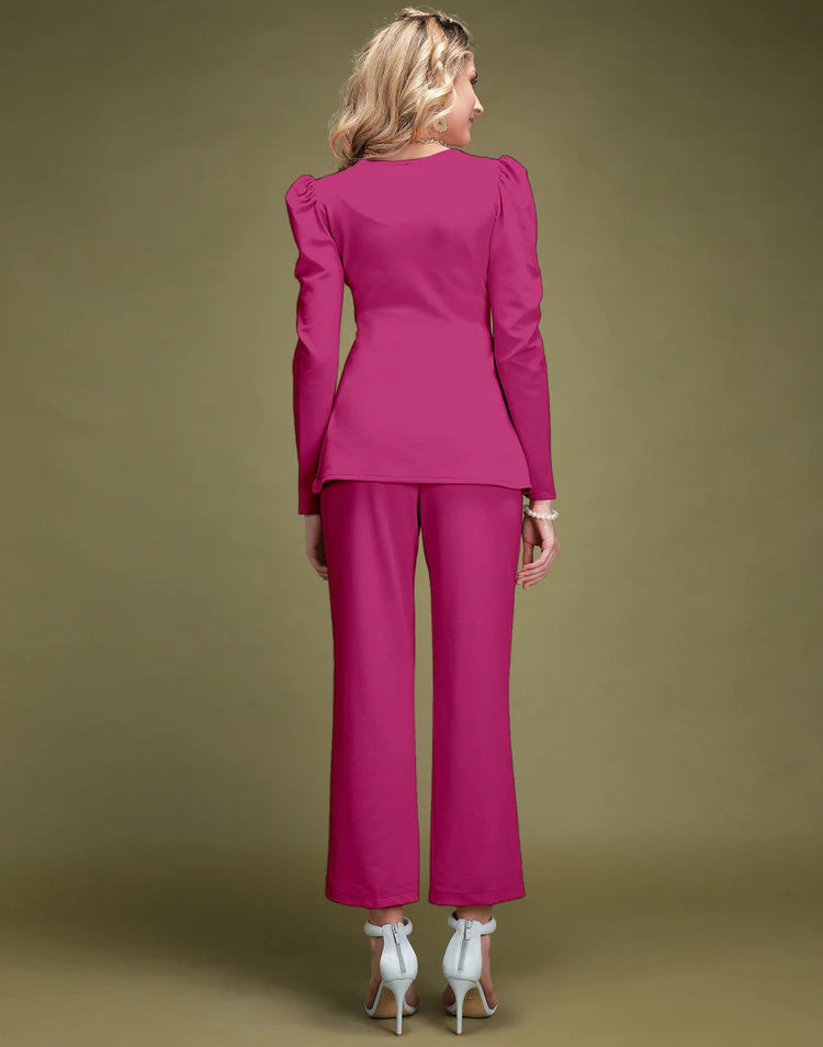 Fuchsia Pink Puff Sleeve Solid Co-Ords Set