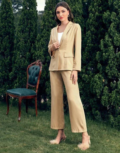 Beige Single Button Blazer With Cami Top & Tailored Pant