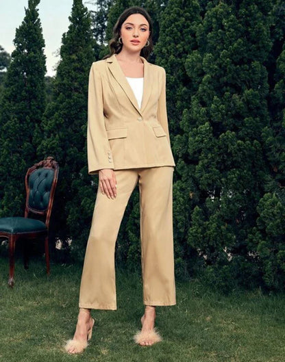 Beige Single Button Blazer With Cami Top & Tailored Pant