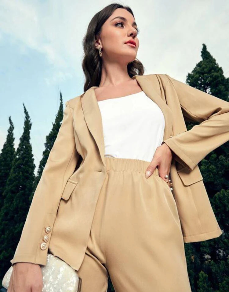 Beige Single Button Blazer With Cami Top & Tailored Pant