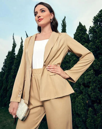 Beige Single Button Blazer With Cami Top & Tailored Pant