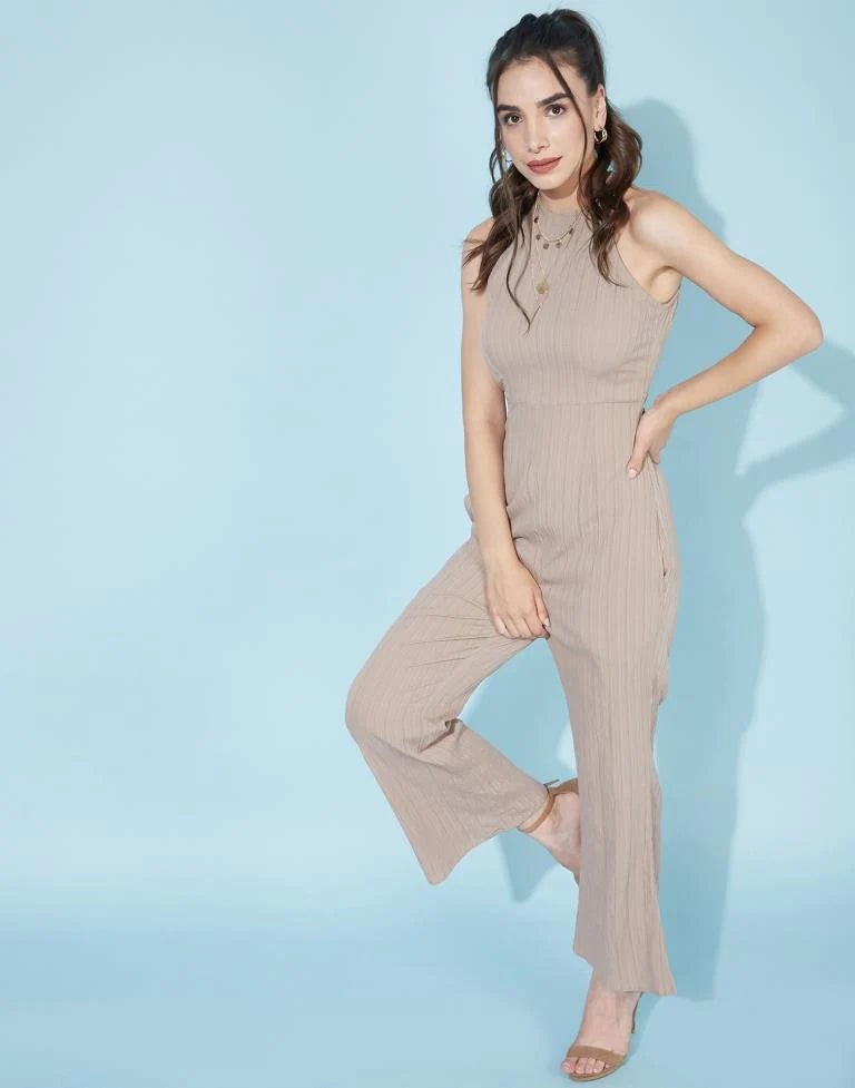 Beige Halter Neck Solid Jumpsuit with Pocket