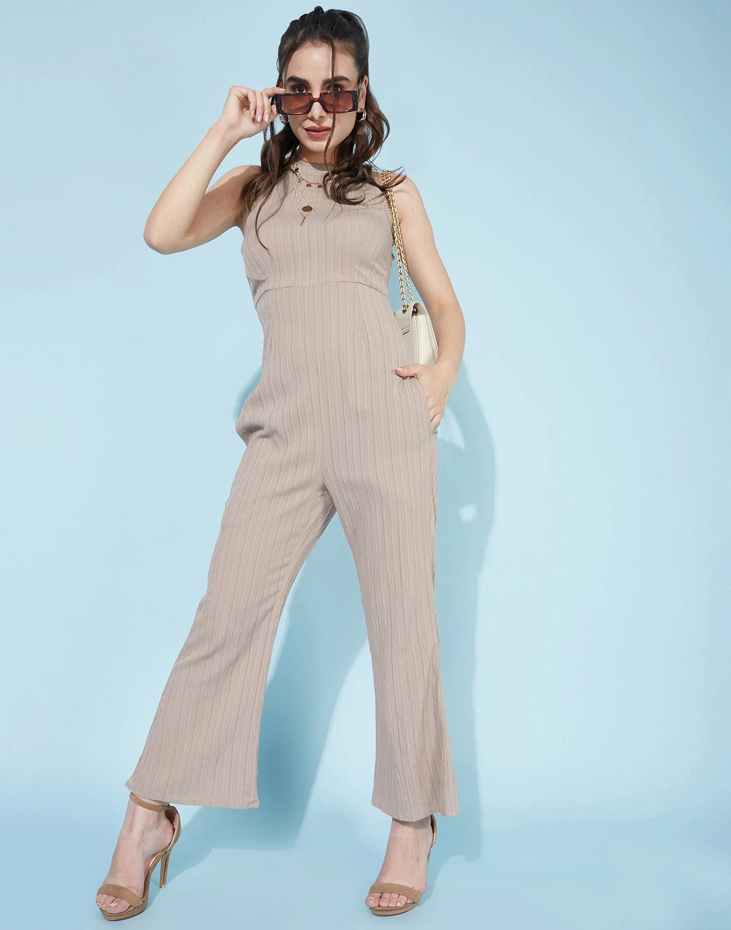 Beige Halter Neck Solid Jumpsuit with Pocket