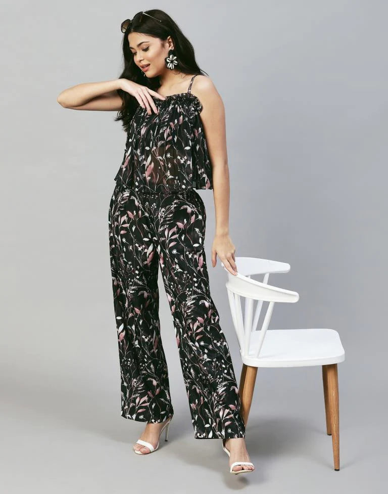 Black printed Strappy Pyjama Set