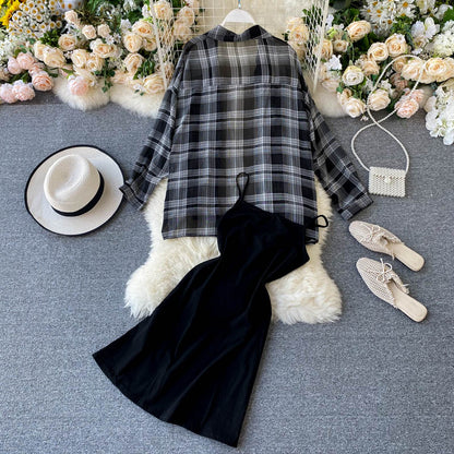 Plaid Overcoat & Solid Dress Set