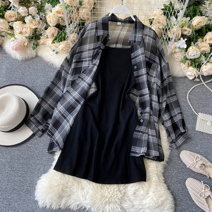 Plaid Overcoat & Solid Dress Set