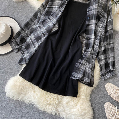 Plaid Overcoat & Solid Dress Set