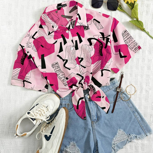 Bow Print Cropped Top With Shorts
